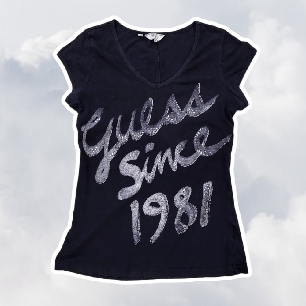 Guess Since 1981 Medium Black Silver Jeweled Graphic Y2K Short Sleeve T-shirt